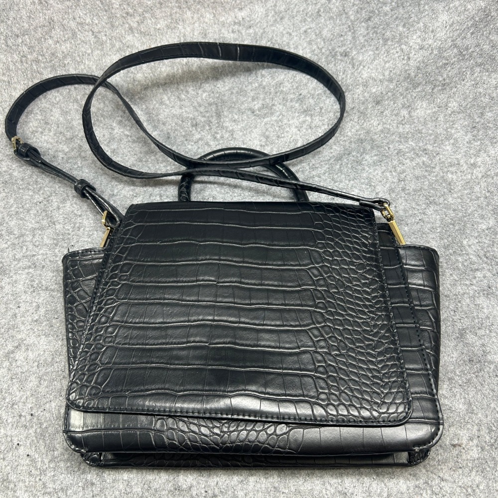 A New Day Women Croc Embossed Satchel Medium Black Faux Leather Gold Hardware